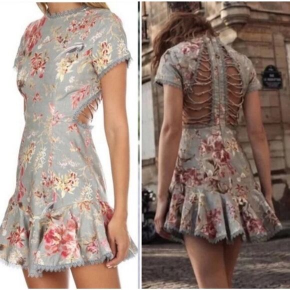 Zimmermann Floral Lace-UpโBack Mini Dress, Size 6 US - Picture 1 of 16